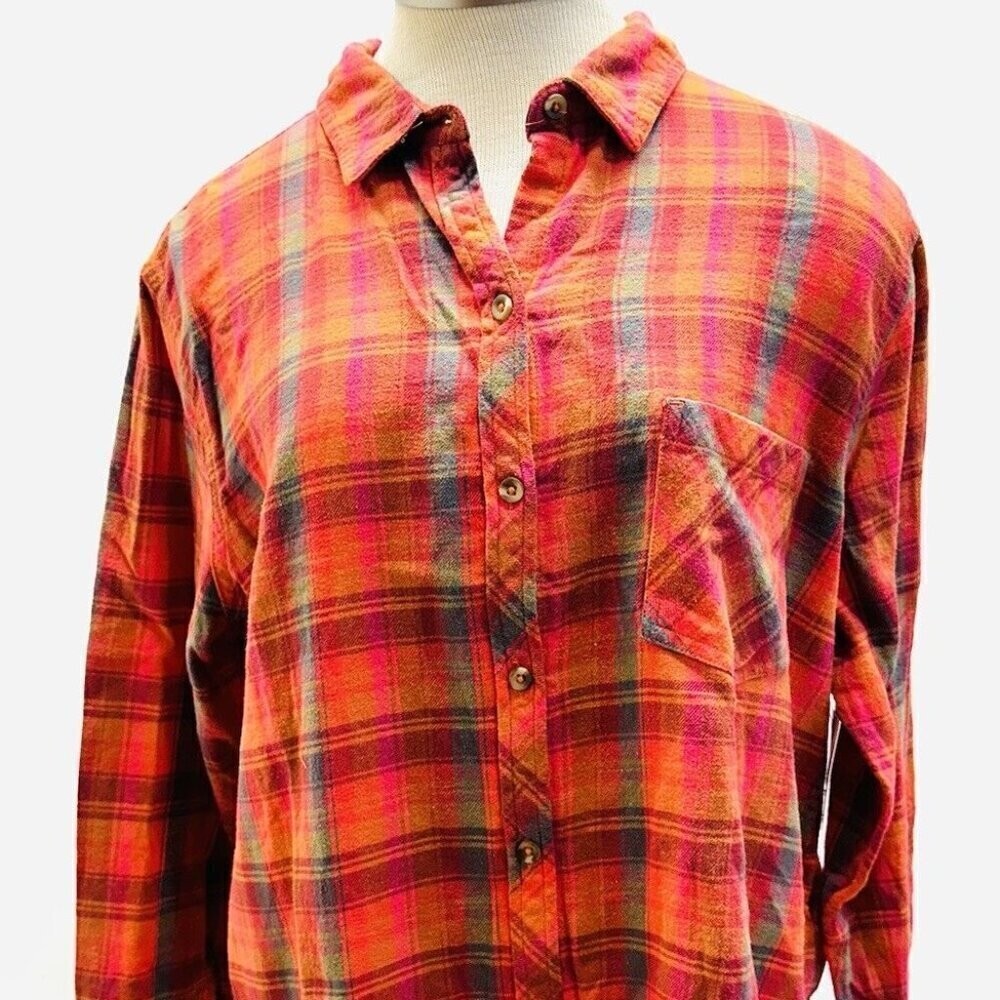 NWT SONOMA Women Long Sleeve Collared Button Down Plaid Flannel Shirt Size XL